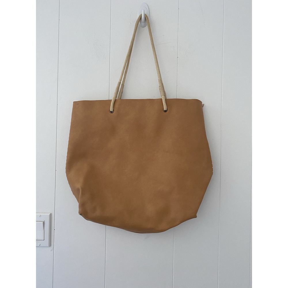 Large Brown Faux Leather Tote Stitched Rope Straps Boho Bag